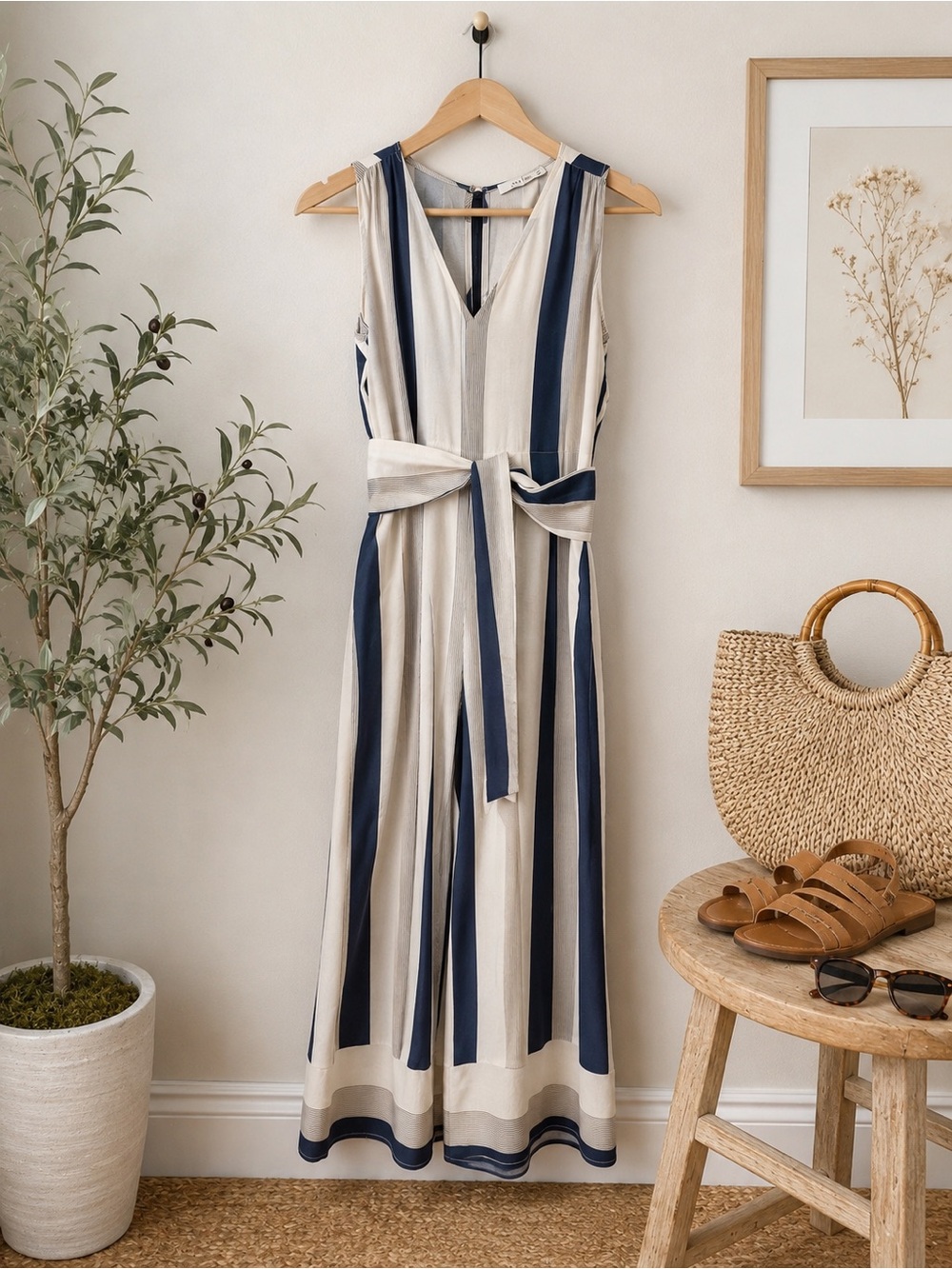 Lush Navy and Cream Striped Sleeveless Jumpsuit